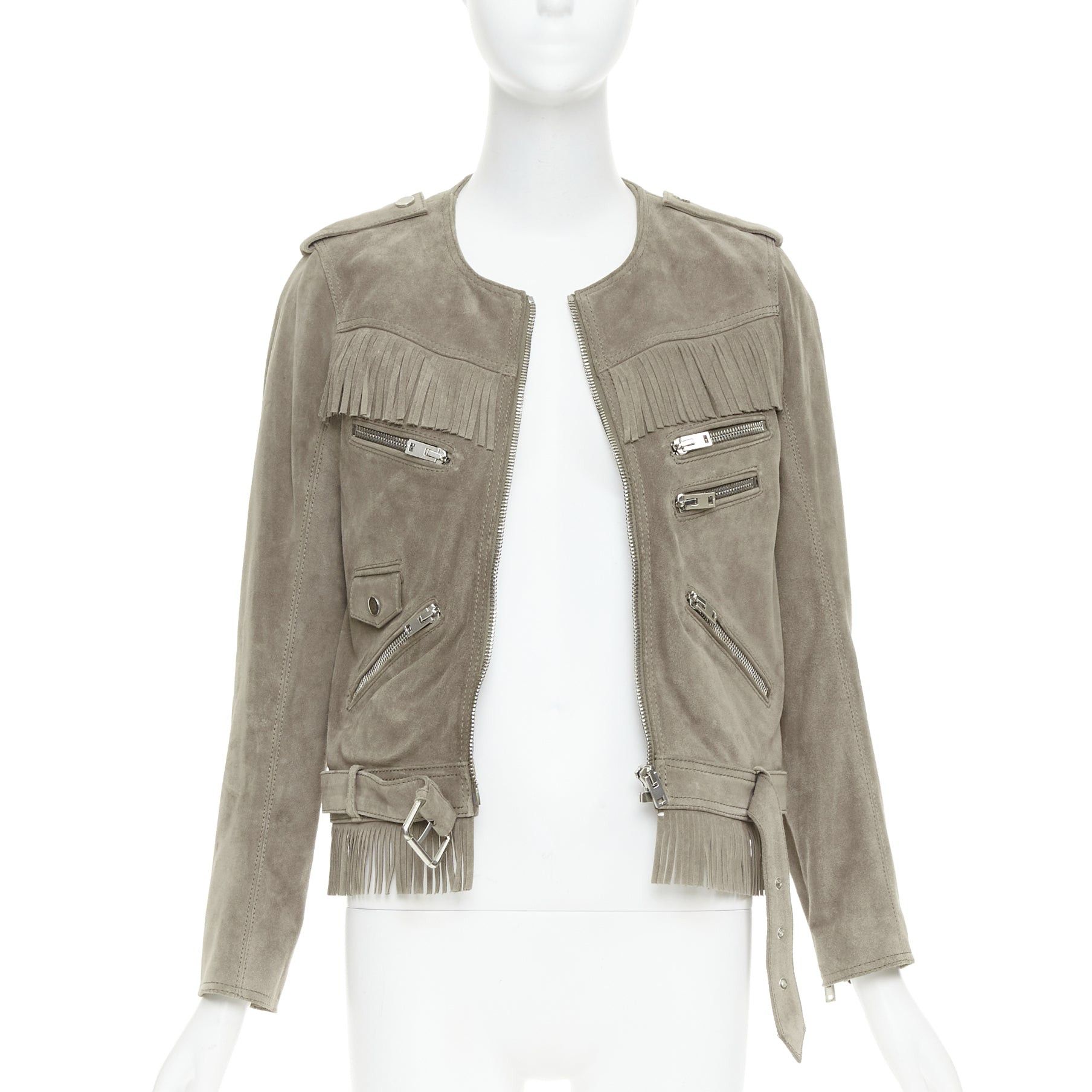 The Kooples THE KOOPLES taupe cow suede leather western fringe belted biker jacket M Size M / US 6-8 / IT 42-44 - 3 Thumbnail