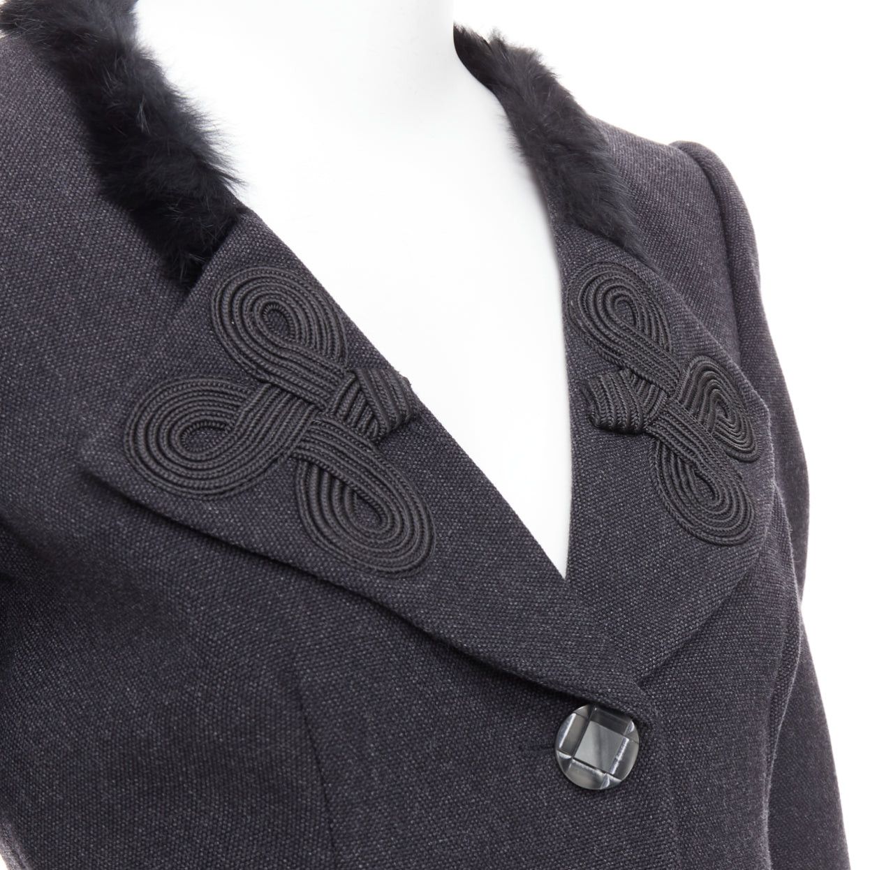 Emporio Armani EMPORIO ARMANI grey virgin wool fur trim totem applique crop blazer IT42 M Size M / US 6-8 / IT 42-44 - 2 Thumbnail