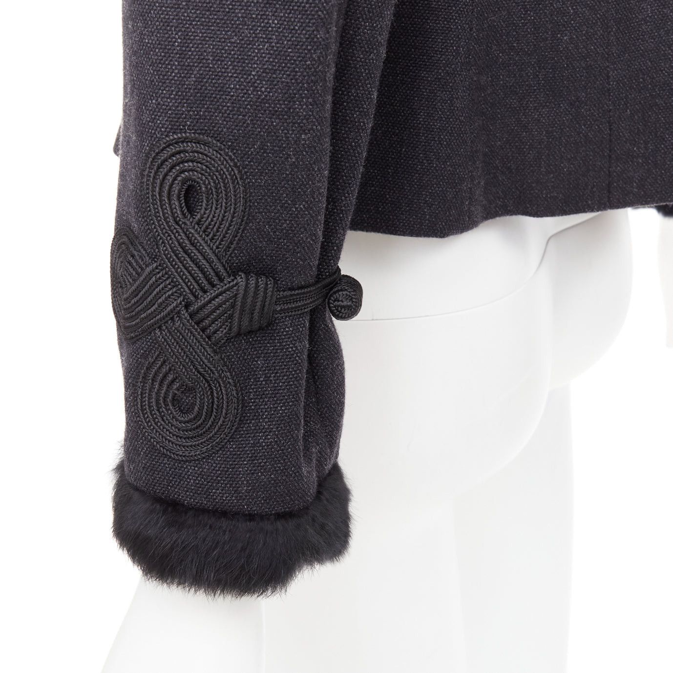 Emporio Armani EMPORIO ARMANI grey virgin wool fur trim totem applique crop blazer IT42 M Size M / US 6-8 / IT 42-44 - 8 Thumbnail