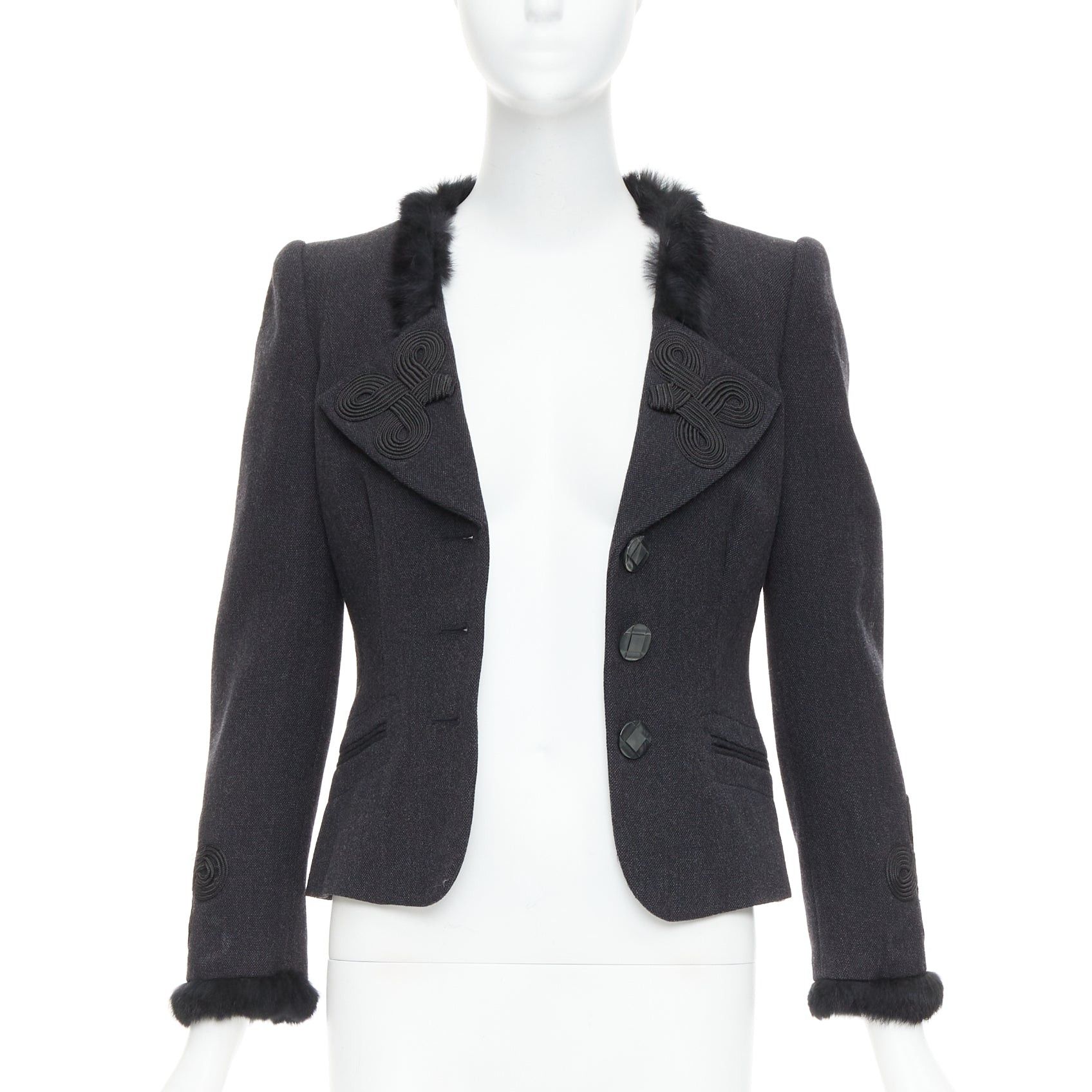 Emporio Armani EMPORIO ARMANI grey virgin wool fur trim totem applique crop blazer IT42 M Size M / US 6-8 / IT 42-44 - 3 Thumbnail