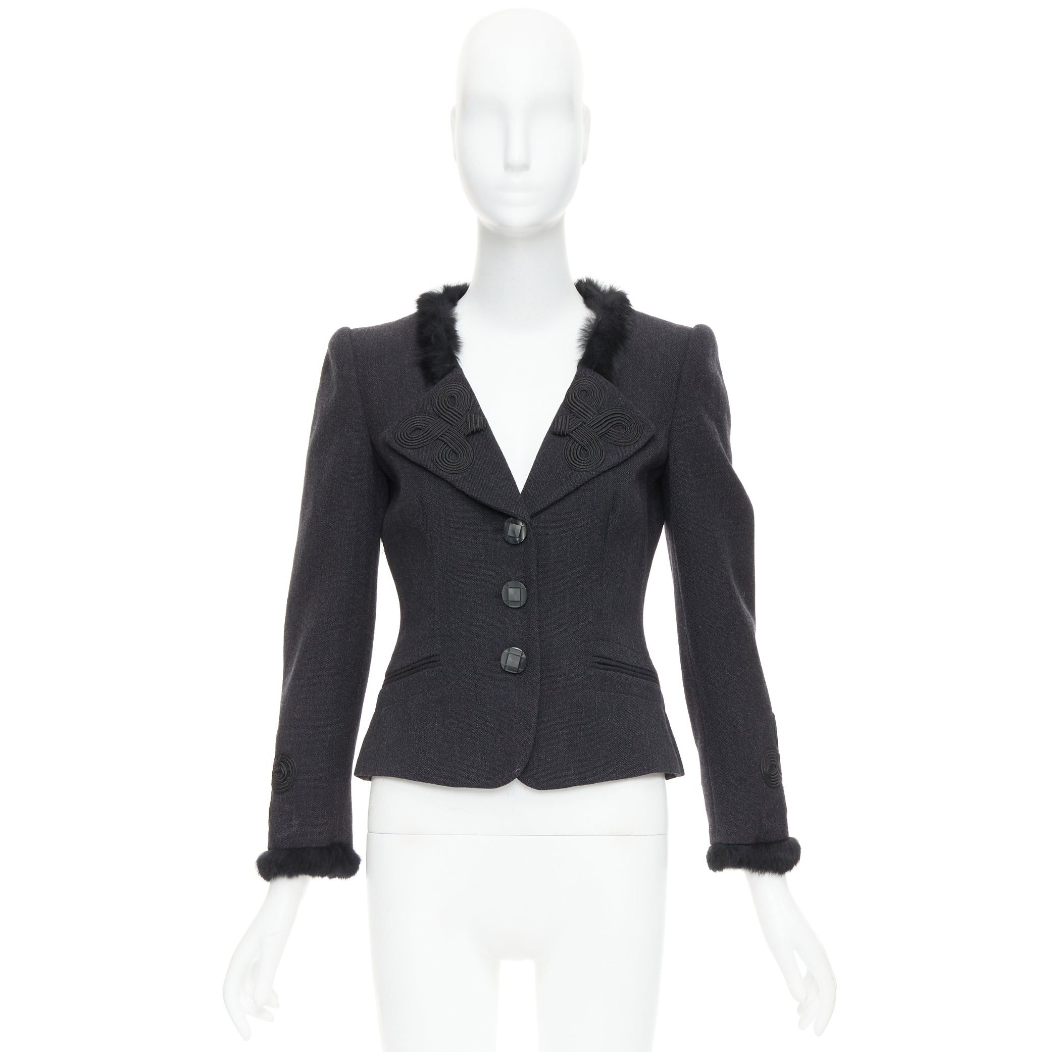 Emporio Armani EMPORIO ARMANI grey virgin wool fur trim totem applique crop blazer IT42 M Size M / US 6-8 / IT 42-44 - 10 Thumbnail