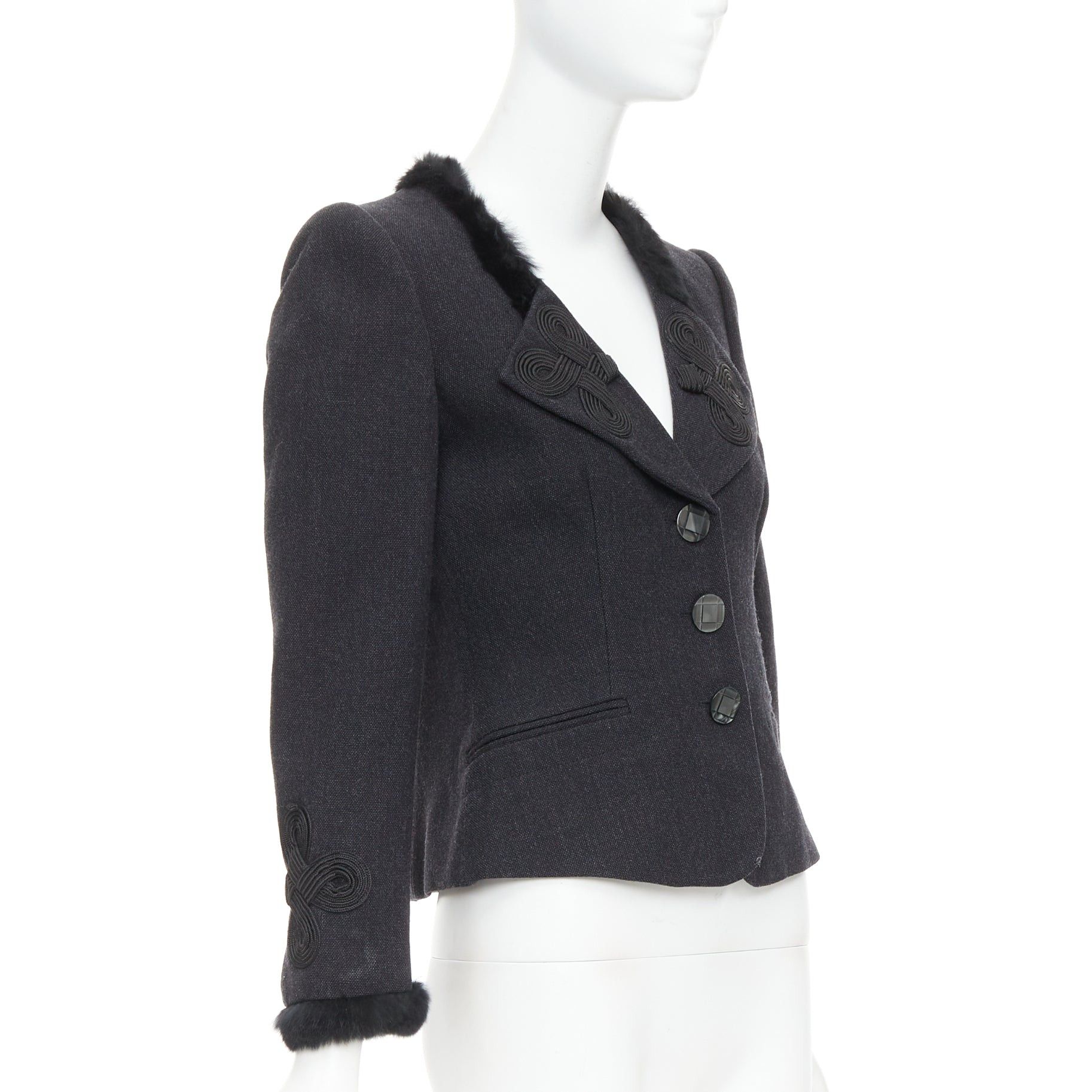 Emporio Armani EMPORIO ARMANI grey virgin wool fur trim totem applique crop blazer IT42 M Size M / US 6-8 / IT 42-44 - 4 Thumbnail