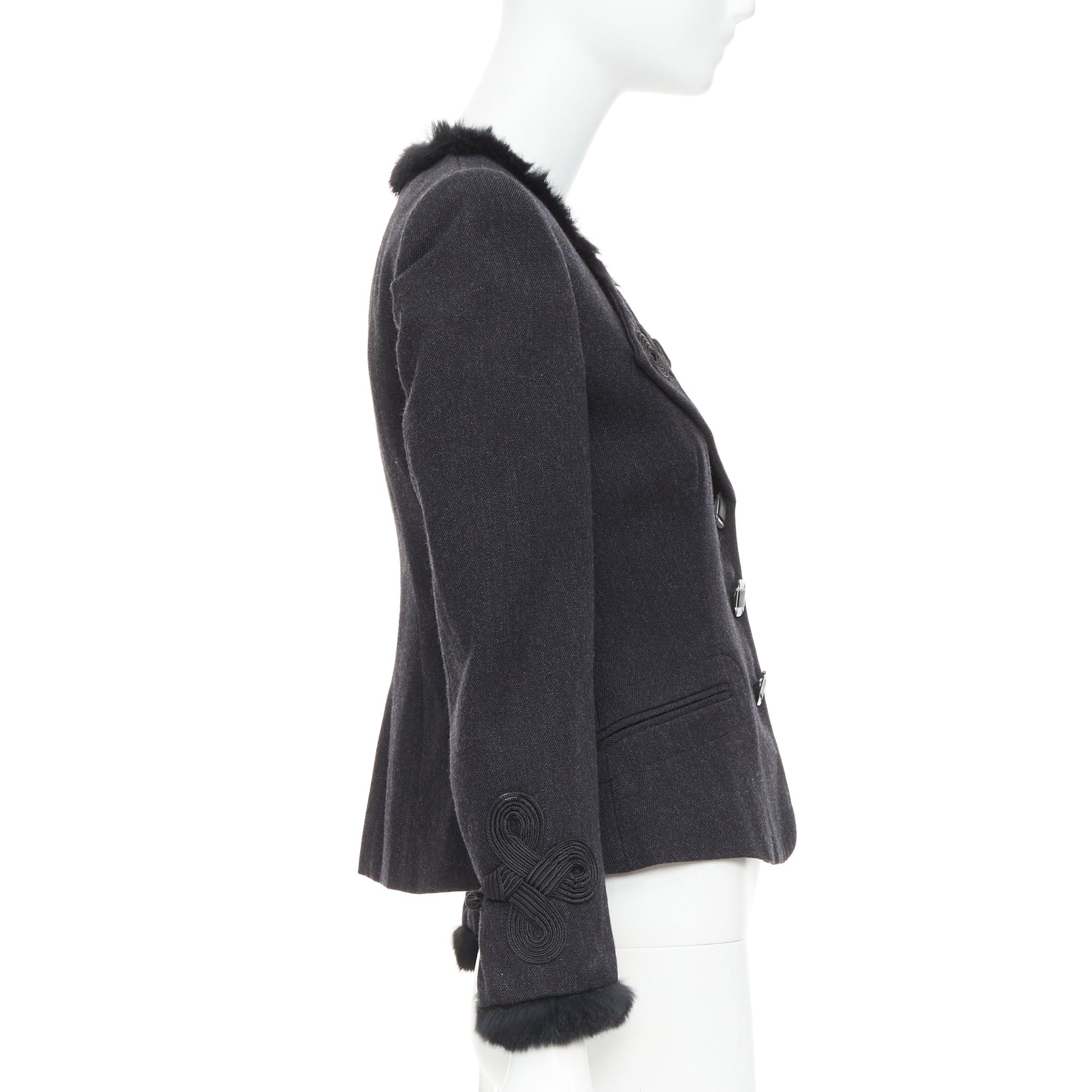 Emporio Armani EMPORIO ARMANI grey virgin wool fur trim totem applique crop blazer IT42 M Size M / US 6-8 / IT 42-44 - 5 Thumbnail