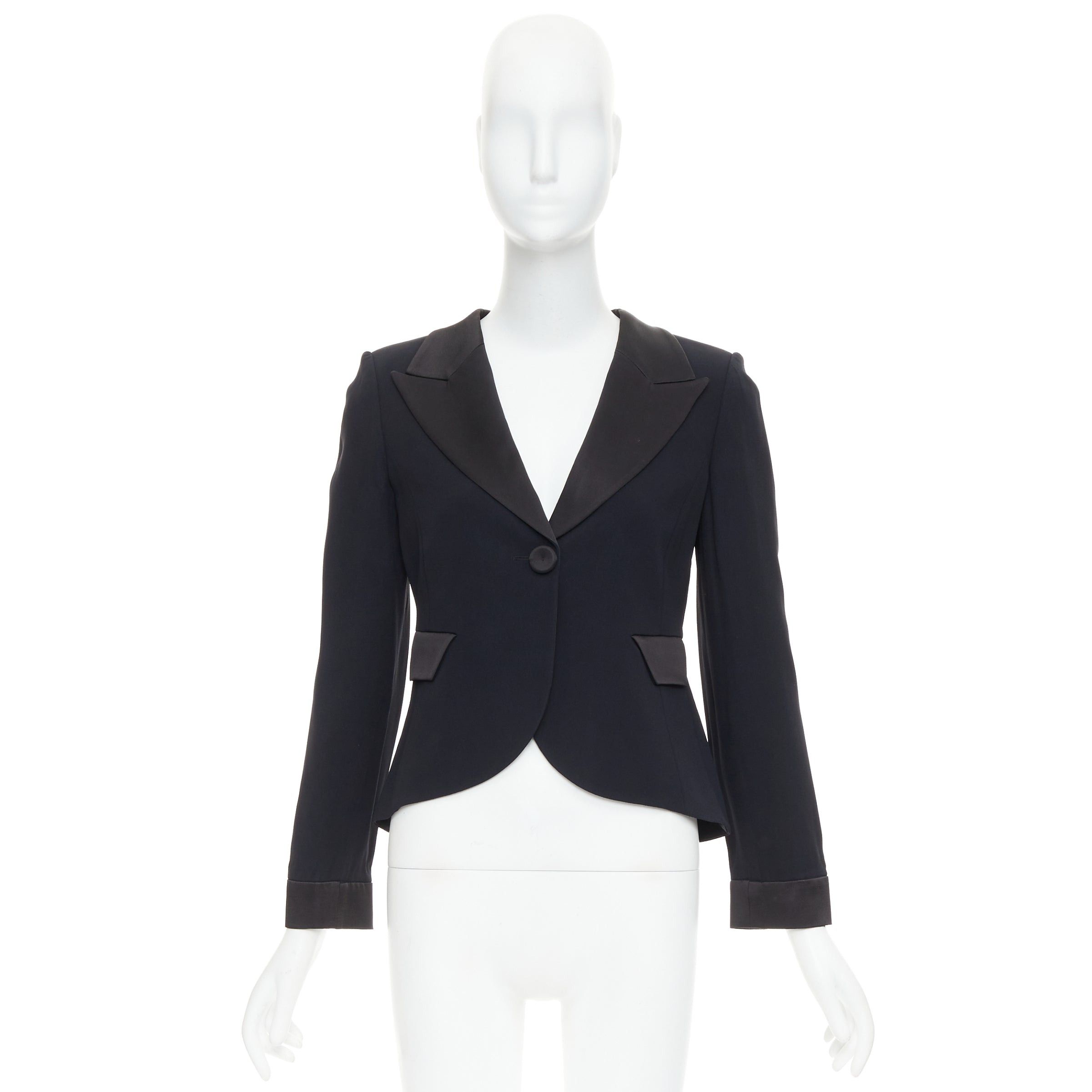 Emporio Armani EMPORIO ARMANI black satin peak lapel cropped tuxedo blazer IT40 S Size S / US 4 / IT 40 - 9 Thumbnail