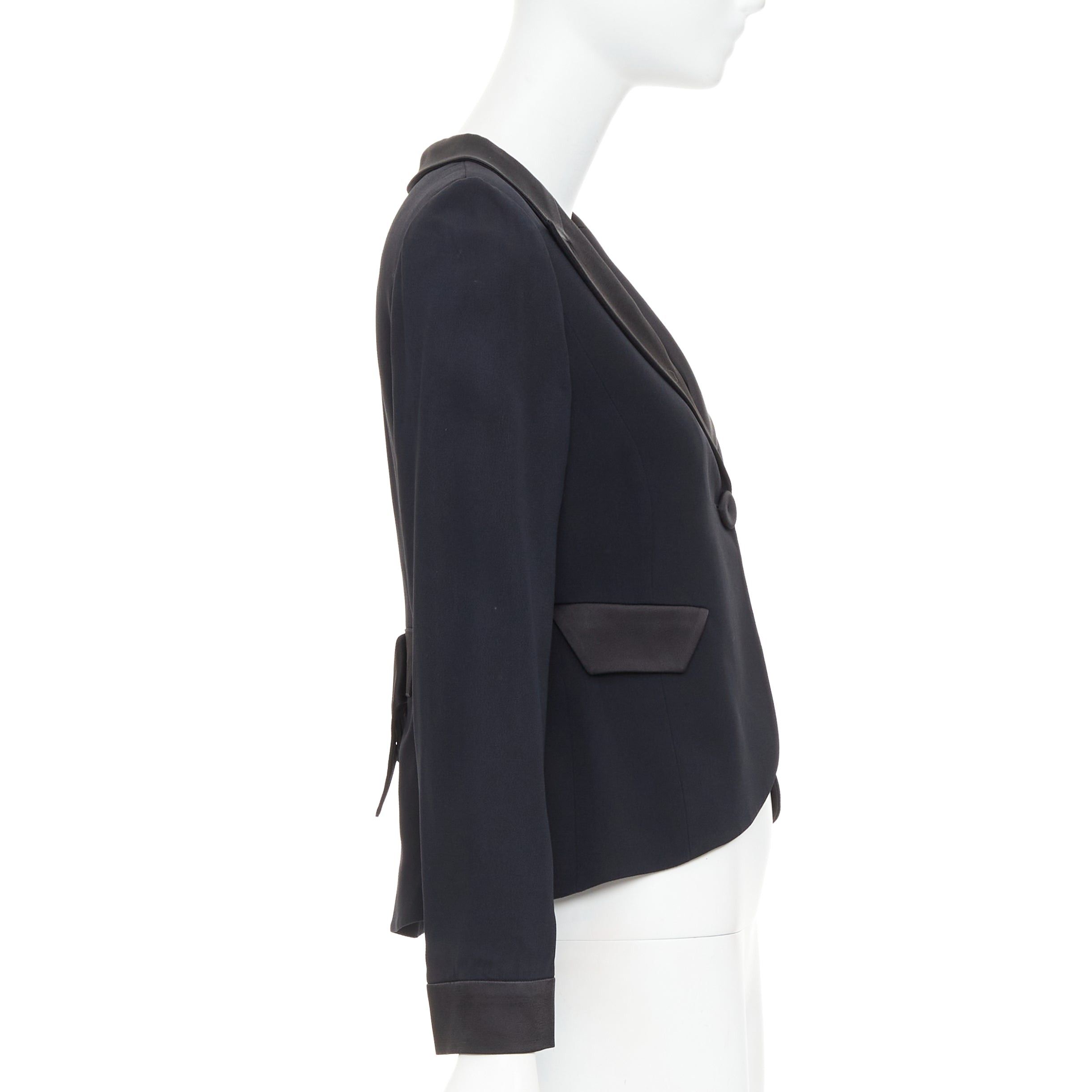 Emporio Armani EMPORIO ARMANI black satin peak lapel cropped tuxedo blazer IT40 S Size S / US 4 / IT 40 - 4 Thumbnail