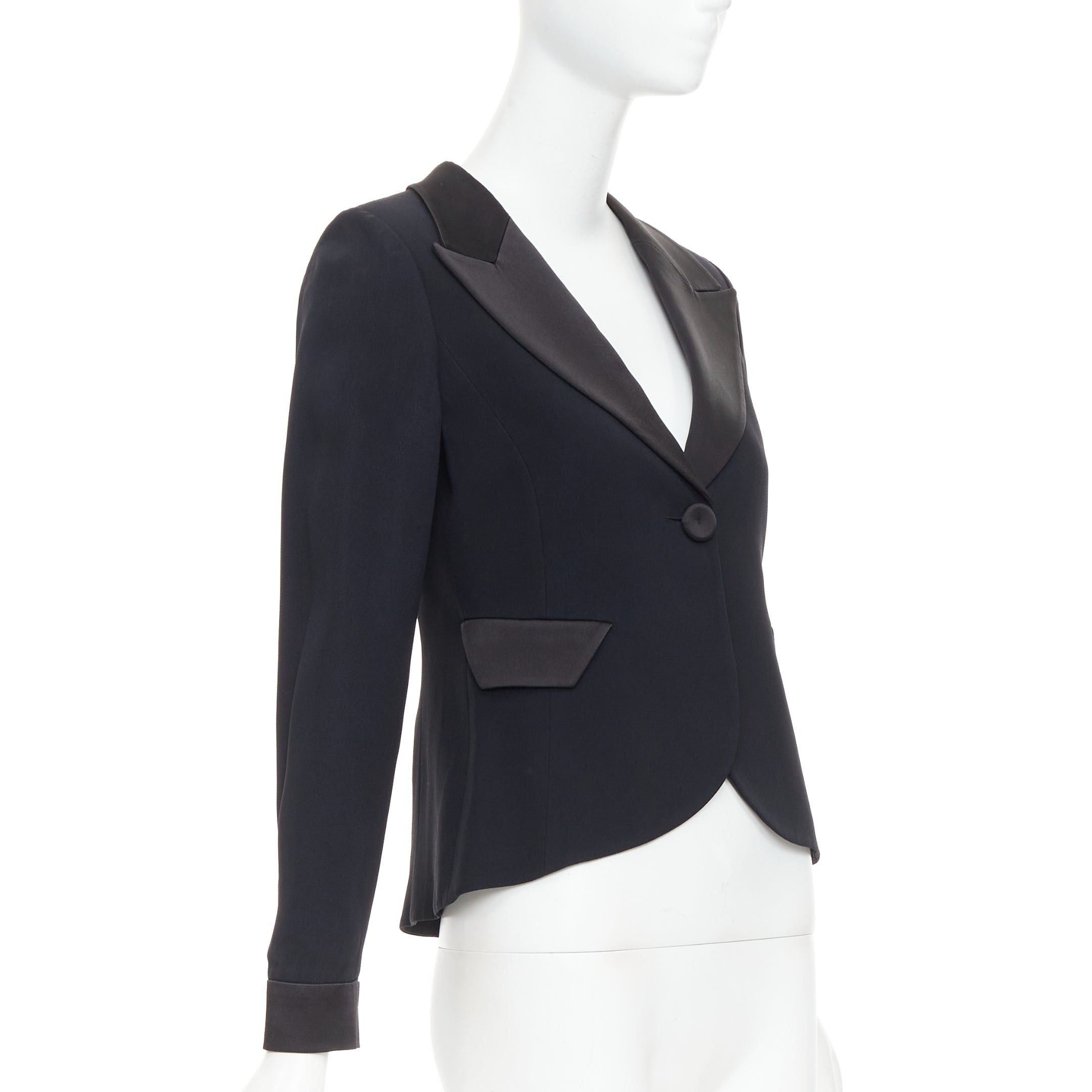 Emporio Armani EMPORIO ARMANI black satin peak lapel cropped tuxedo blazer IT40 S Size S / US 4 / IT 40 - 3 Thumbnail