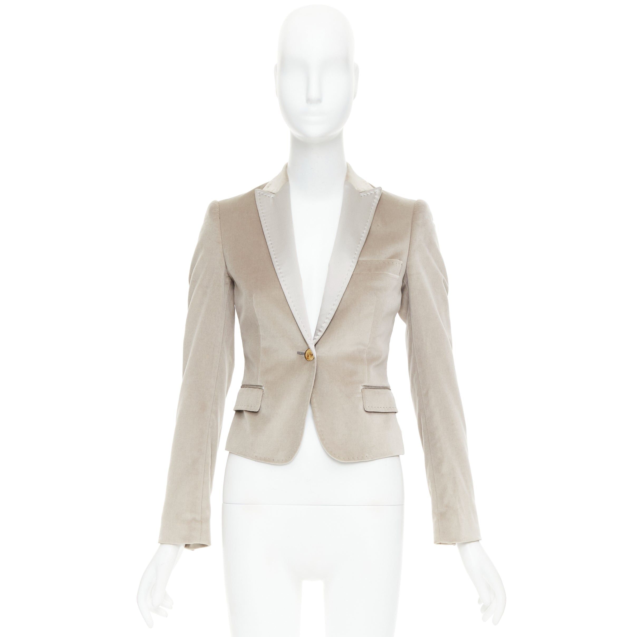 Dolce & Gabbana DOLCE GABBANA beige velvet satin peak lapel cropped tux blazer IT36 XXS Size XS / US 0-2 / IT 36-38 - 10 Thumbnail