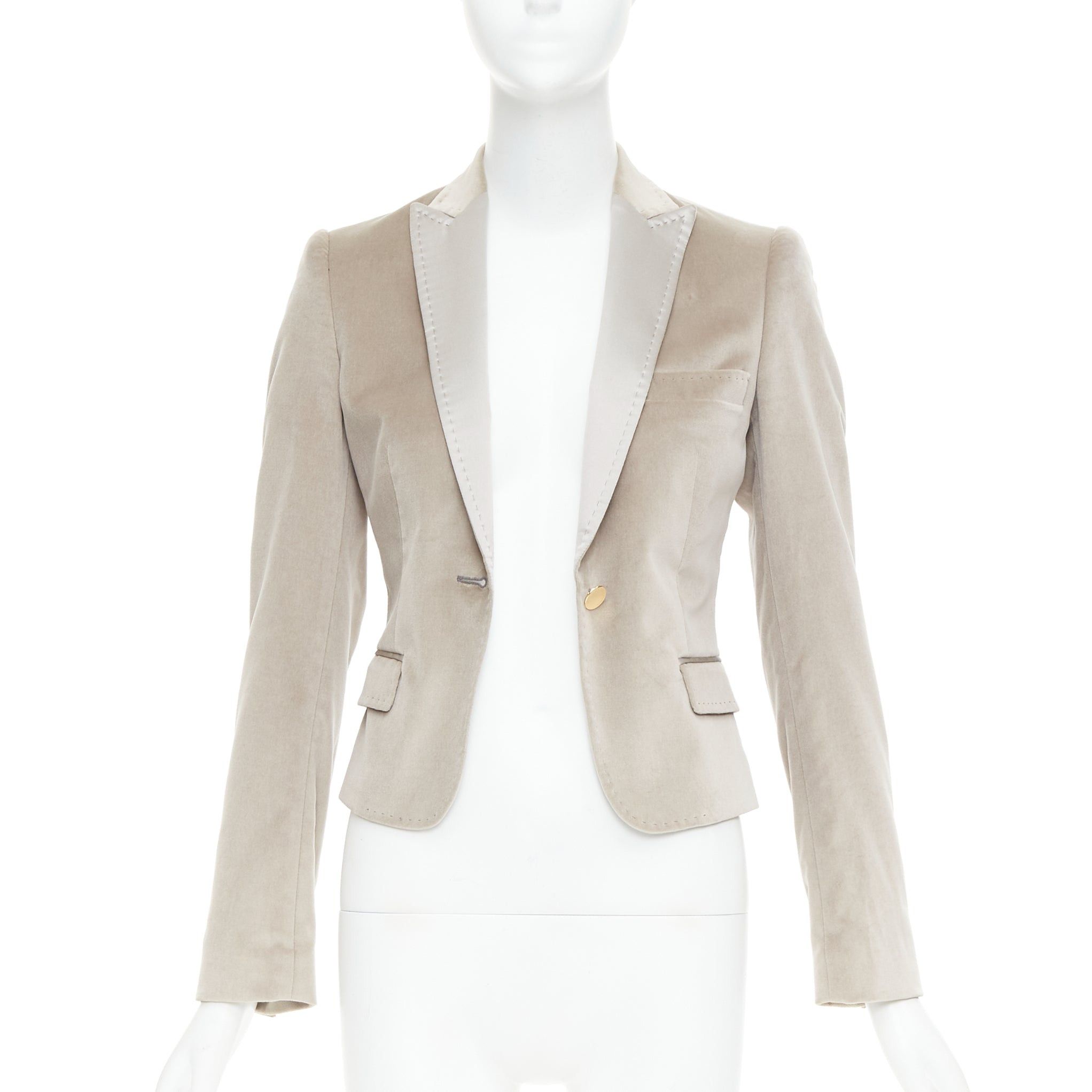 Dolce & Gabbana DOLCE GABBANA beige velvet satin peak lapel cropped tux blazer IT36 XXS Size XS / US 0-2 / IT 36-38 - 3 Thumbnail
