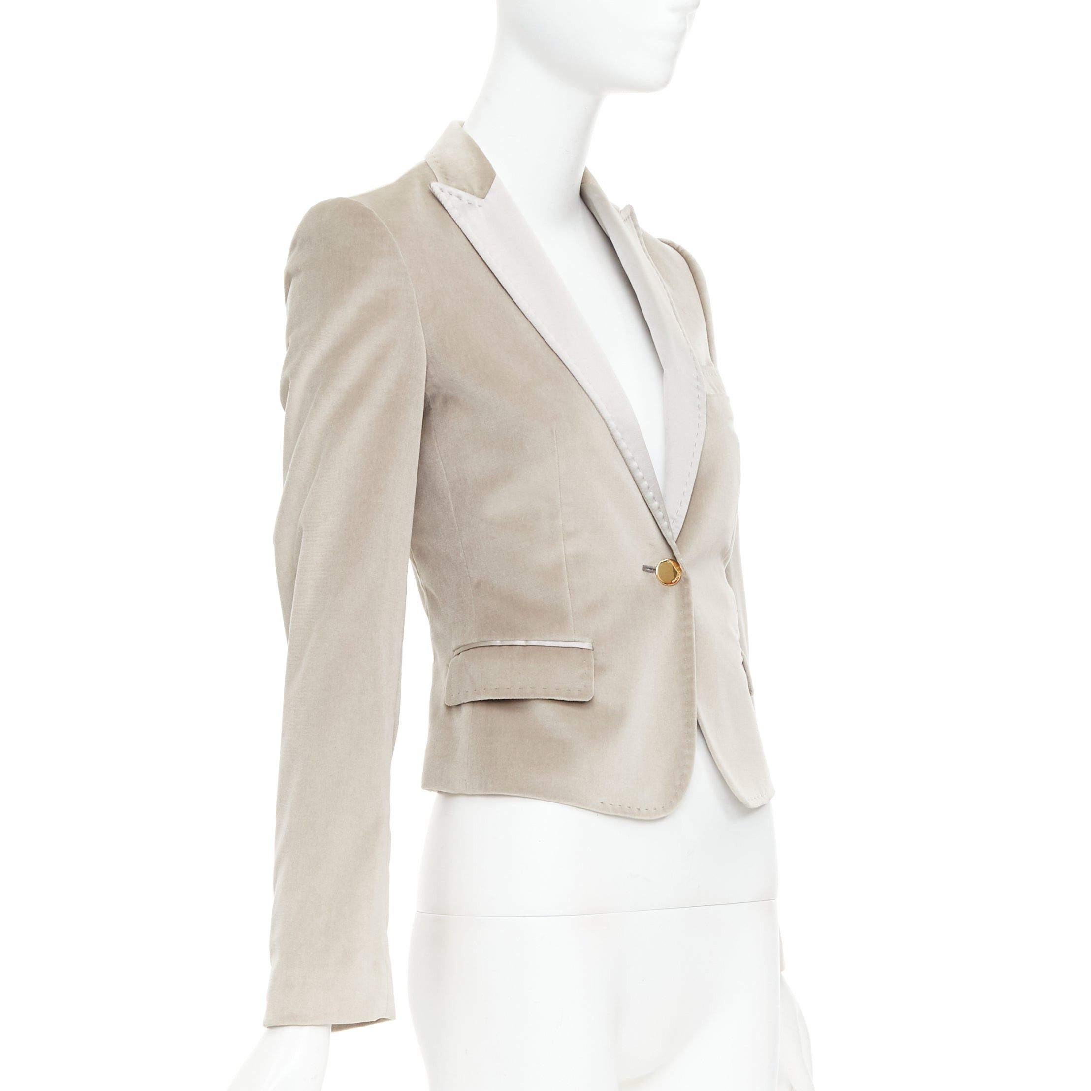 Dolce & Gabbana DOLCE GABBANA beige velvet satin peak lapel cropped tux blazer IT36 XXS Size XS / US 0-2 / IT 36-38 - 4 Thumbnail