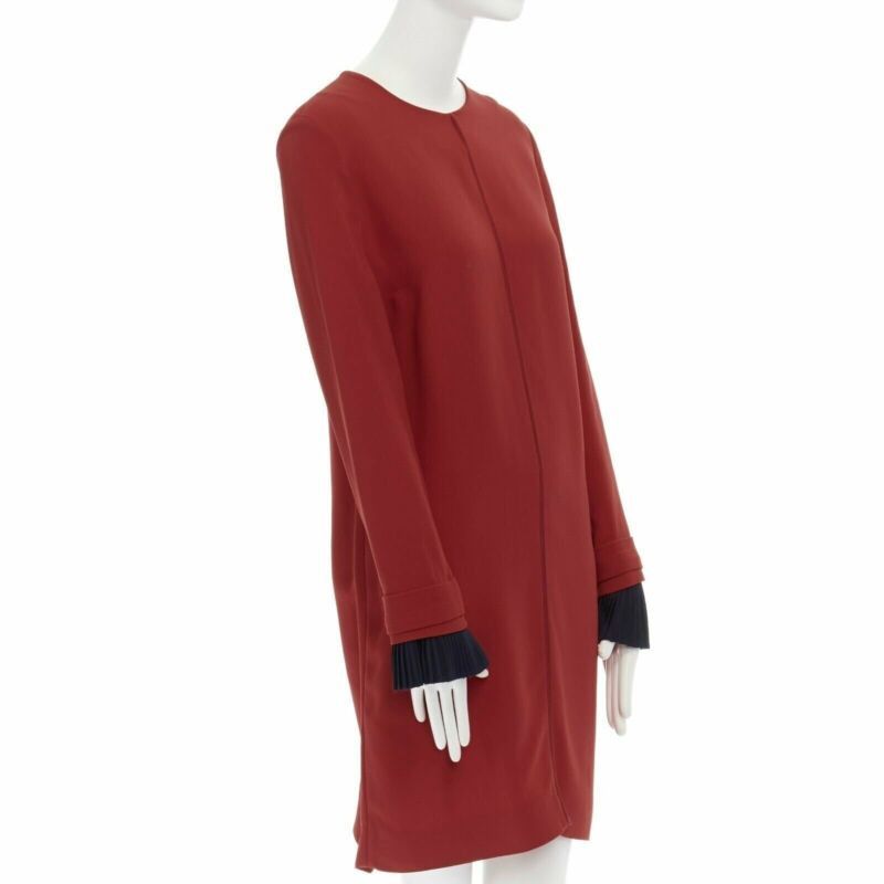 Victoria Beckham VVB VICTORIA BECKHAM red crepe navy pleated cuff long sleeves dress UK10 M Size M / US 6-8 / IT 42-44 - 3 Thumbnail