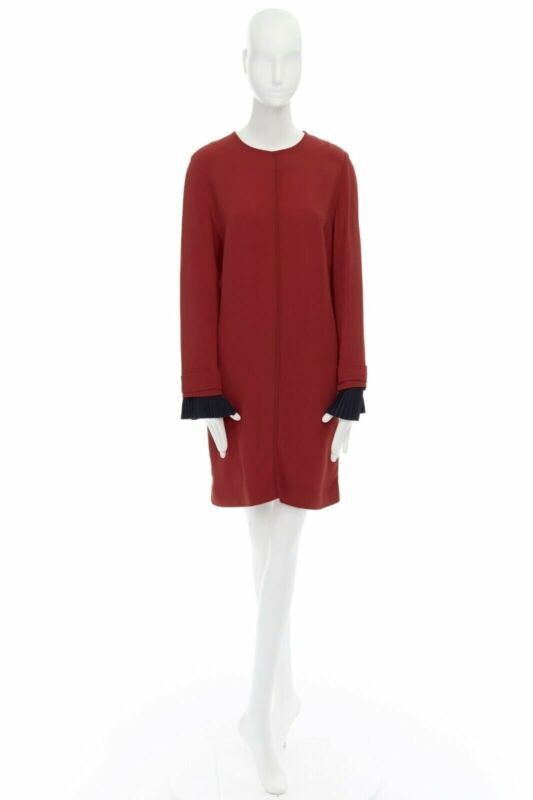 Victoria Beckham VVB VICTORIA BECKHAM red crepe navy pleated cuff long sleeves dress UK10 M Size M / US 6-8 / IT 42-44 - 10 Thumbnail