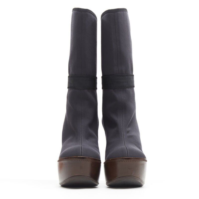 Marni MARNI grey fabric upper brown leather platform round toe high heel boot EU36 Size US 6 / IT 36 - 3 Thumbnail