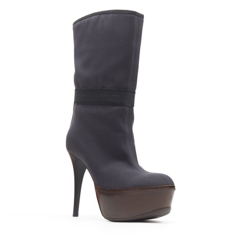Marni MARNI grey fabric upper brown leather platform round toe high heel boot EU36 Size US 6 / IT 36 - 2 Thumbnail