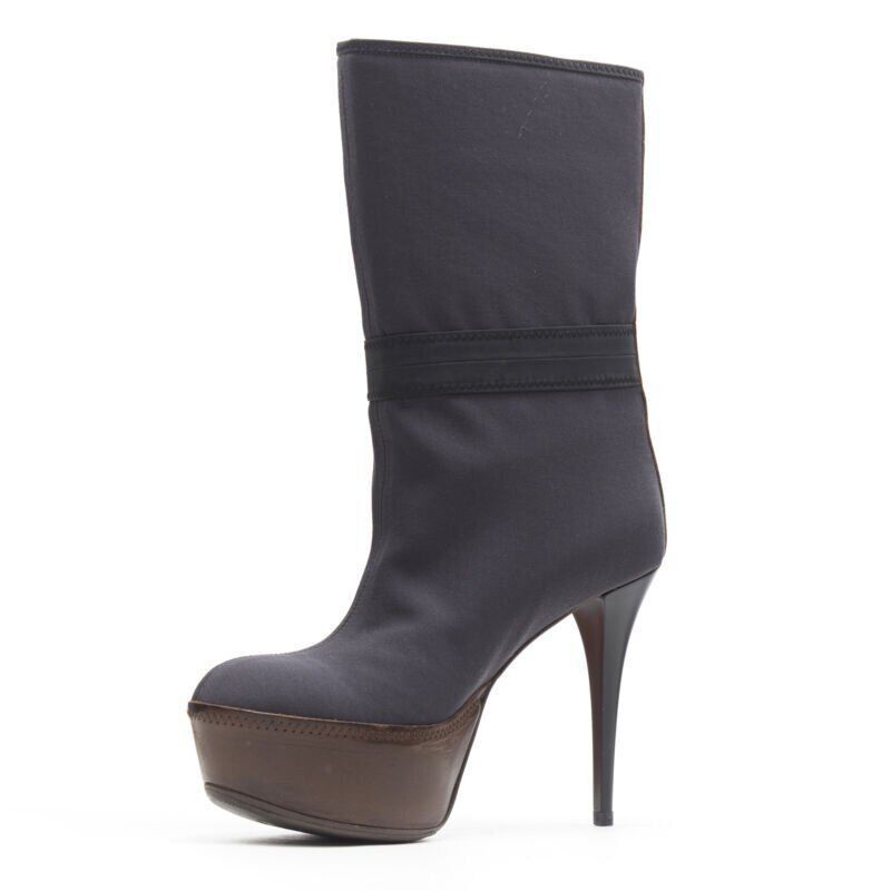 Marni MARNI grey fabric upper brown leather platform round toe high heel boot EU36 Size US 6 / IT 36 - 4 Thumbnail