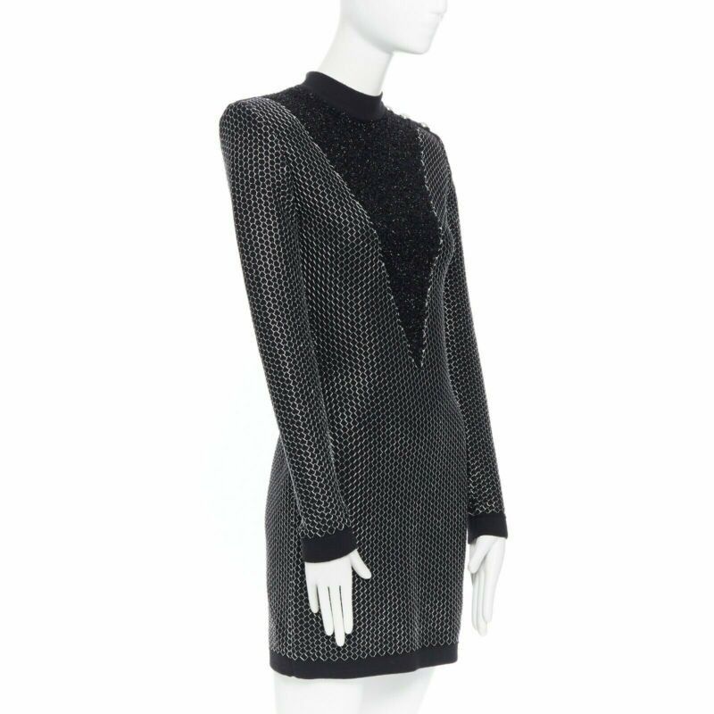 Balmain BALMAIN ROUSTEING black silver thread fluffy military button bodycon dress S Size S / US 4 / IT 40 - 4 Thumbnail