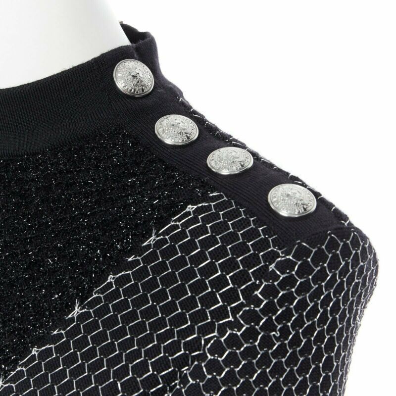 Balmain BALMAIN ROUSTEING black silver thread fluffy military button bodycon dress S Size S / US 4 / IT 40 - 2 Thumbnail