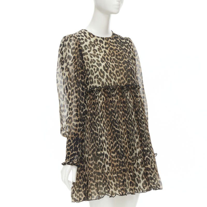 Ganni GANNI brown leopard spot print pleated flared babydoll dress FR36 S Size XS / US 0-2 / IT 36-38 - 3 Thumbnail