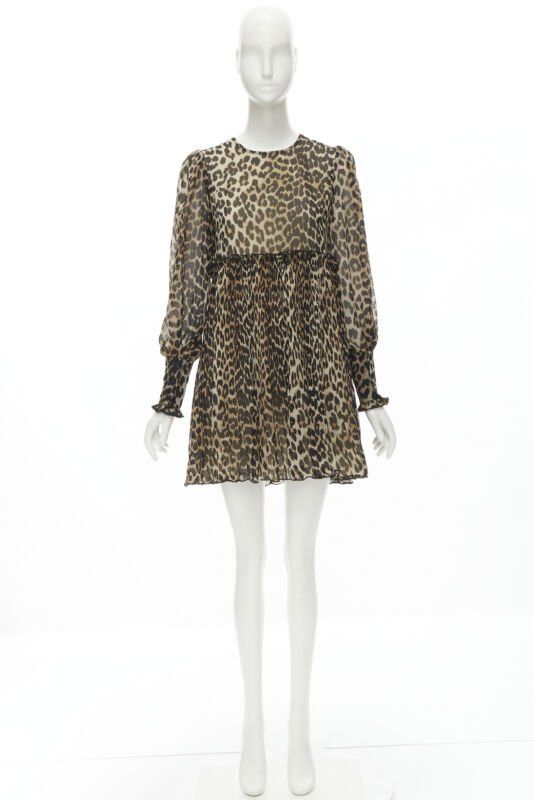Ganni GANNI brown leopard spot print pleated flared babydoll dress FR36 S Size XS / US 0-2 / IT 36-38 - 9 Thumbnail