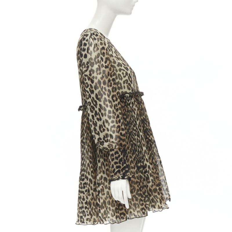 Ganni GANNI brown leopard spot print pleated flared babydoll dress FR36 S Size XS / US 0-2 / IT 36-38 - 4 Thumbnail