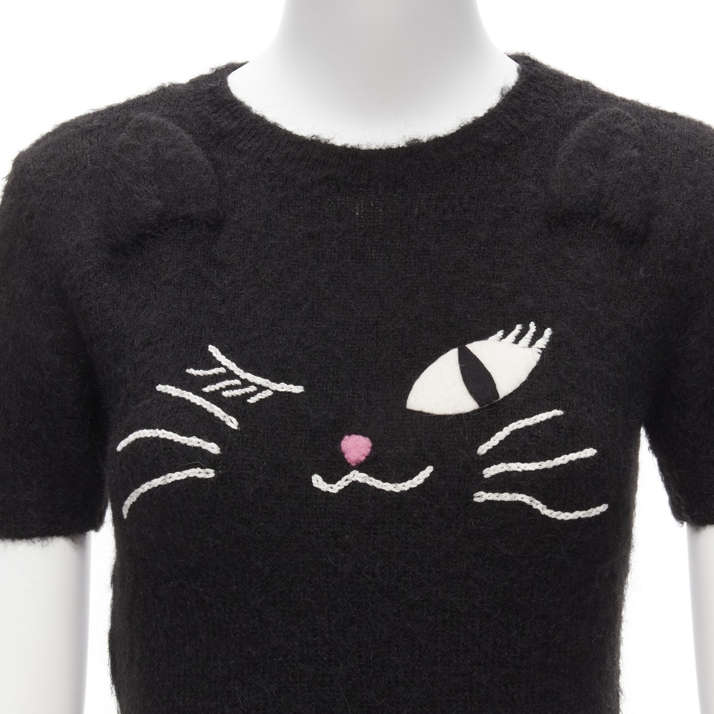 Moschino rare MOSCHINO BOUTIQUE black winking cat 3D ears furry cropped sweater IT42 M Size M / US 6-8 / IT 42-44 - 2 Thumbnail