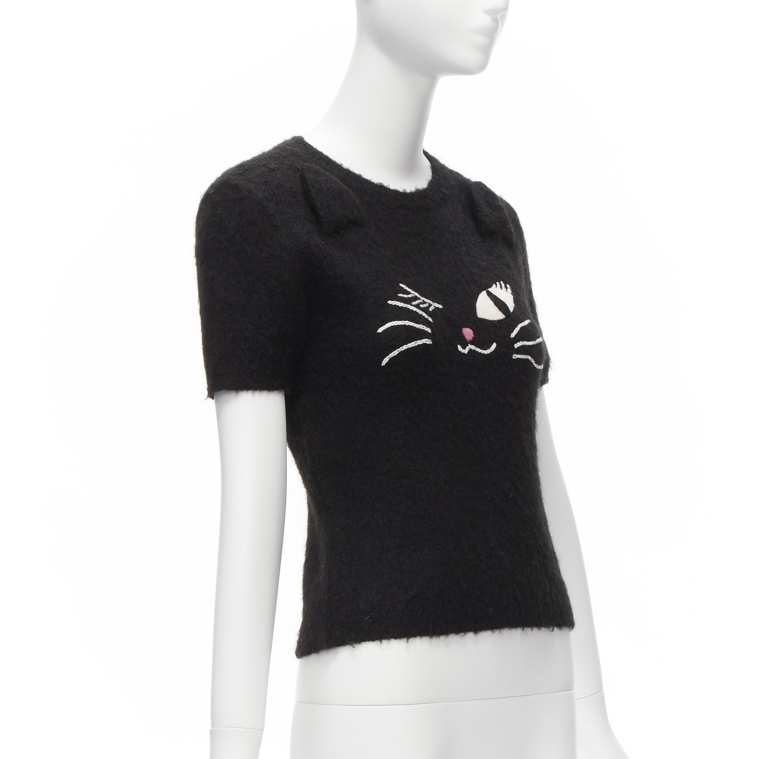 Moschino rare MOSCHINO BOUTIQUE black winking cat 3D ears furry cropped sweater IT42 M Size M / US 6-8 / IT 42-44 - 3 Thumbnail