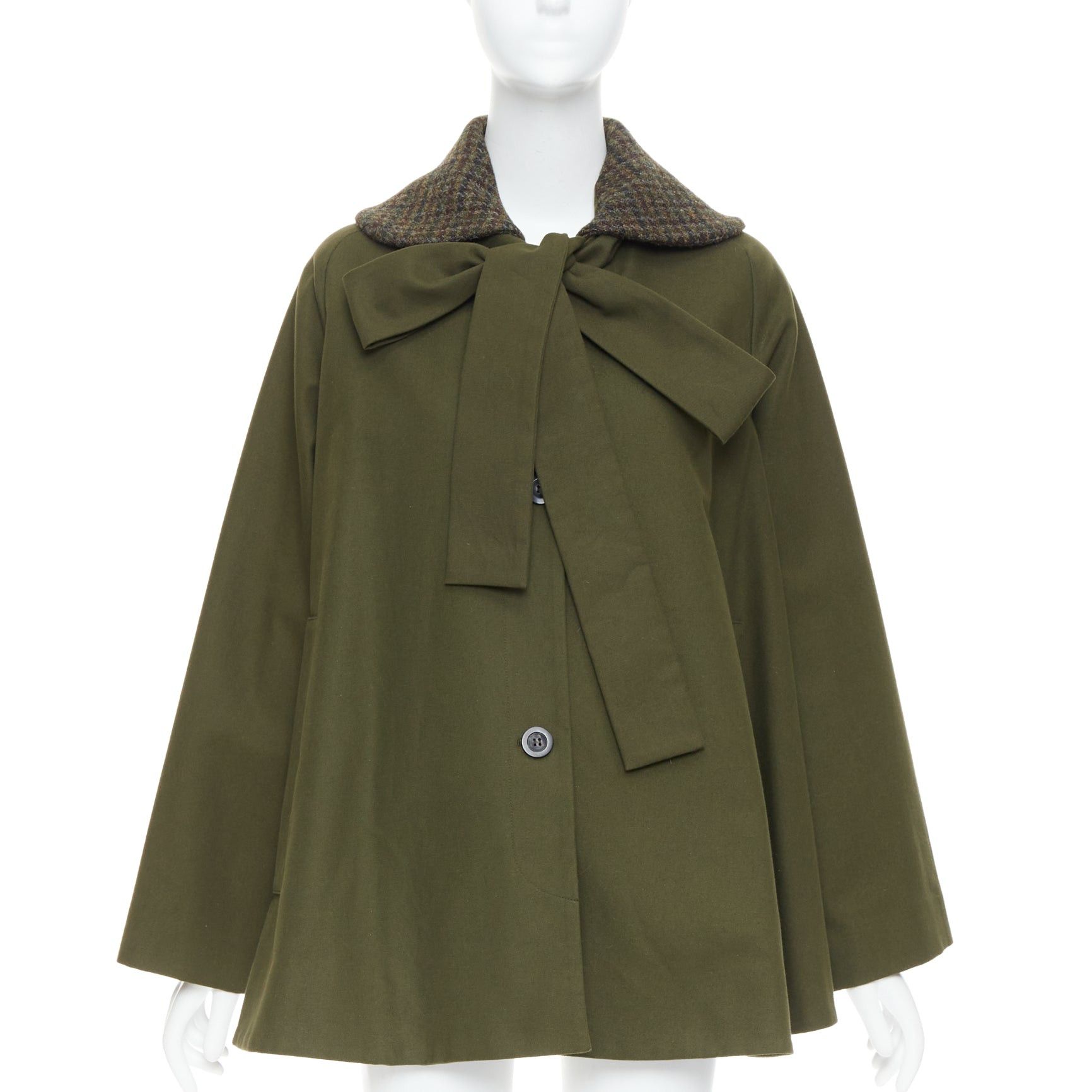 Loewe LOEWE khaki green cotton tweed collar bow neck swing coat FR34 XS Size XS / US 0-2 / IT 36-38 - 3 Thumbnail