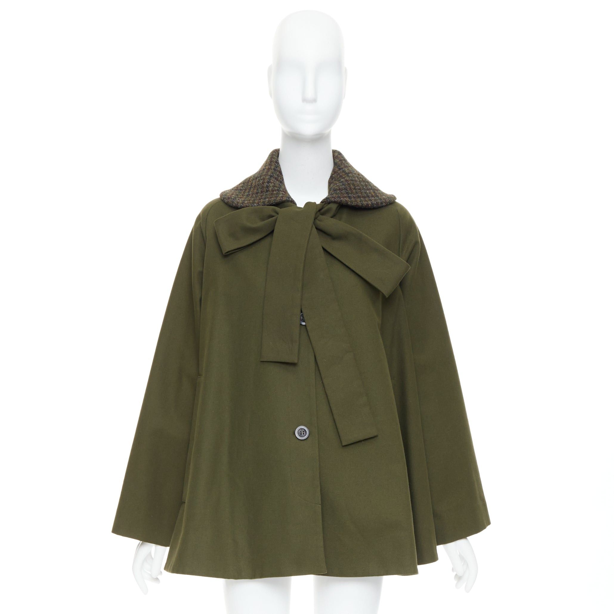 Loewe LOEWE khaki green cotton tweed collar bow neck swing coat FR34 XS Size XS / US 0-2 / IT 36-38 - 9 Thumbnail