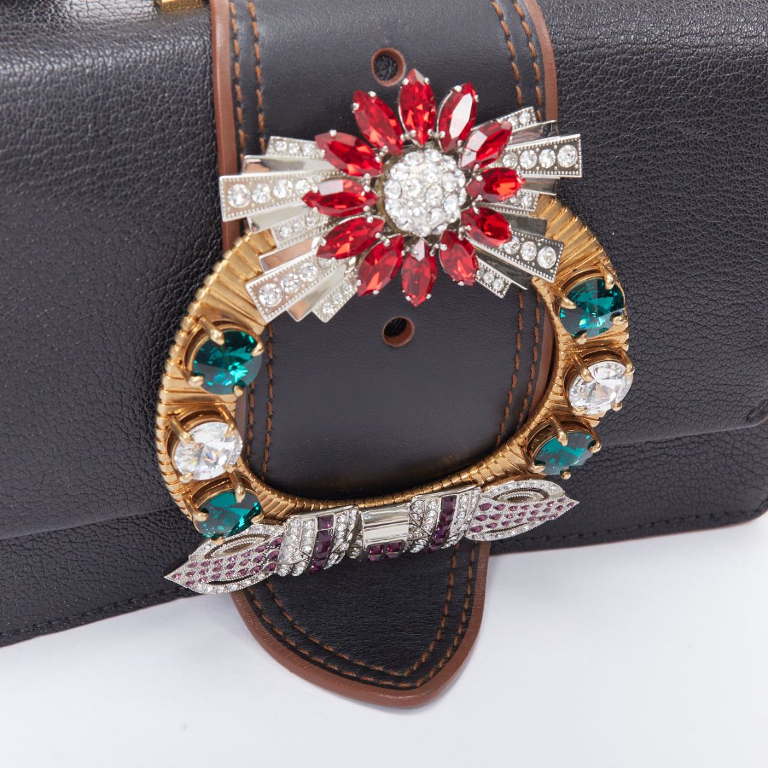 Miu Miu MIU MIU Lady black leather colorful rhinestone buckle flap crossbody bag Size ONE SIZE - 7 Thumbnail
