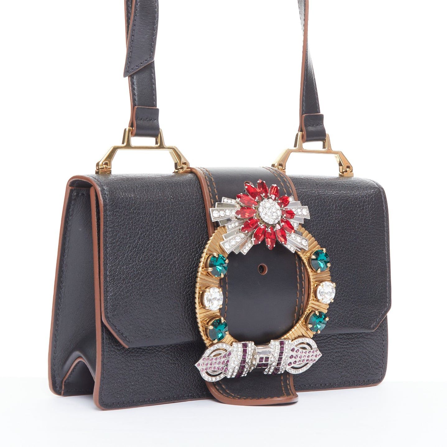 Miu Miu MIU MIU Lady black leather colorful rhinestone buckle flap crossbody bag Size ONE SIZE - 3 Thumbnail