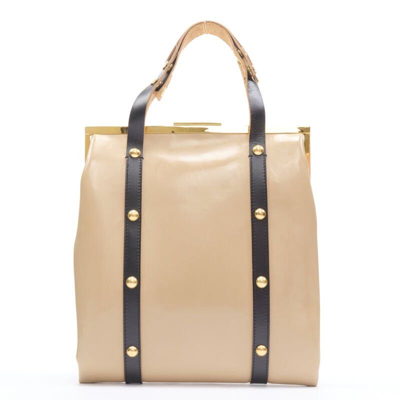 Marni MARNI brown latex PVC gold stud leather trim metal frame tote bag Size ONE SIZE - 4 Thumbnail