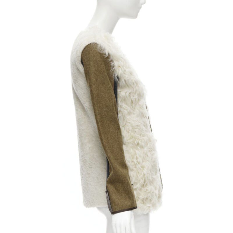 Marni MARNI 2011 cream lamb shearling fur brown wool sleeves winter coat IT38 XS Size XS / US 0-2 / IT 36-38 - 5 Thumbnail