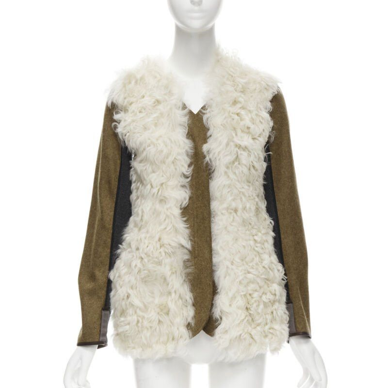 Marni MARNI 2011 cream lamb shearling fur brown wool sleeves winter coat IT38 XS Size XS / US 0-2 / IT 36-38 - 3 Thumbnail