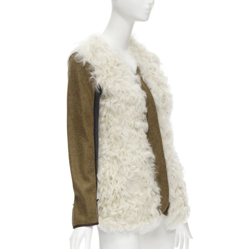 Marni MARNI 2011 cream lamb shearling fur brown wool sleeves winter coat IT38 XS Size XS / US 0-2 / IT 36-38 - 4 Thumbnail