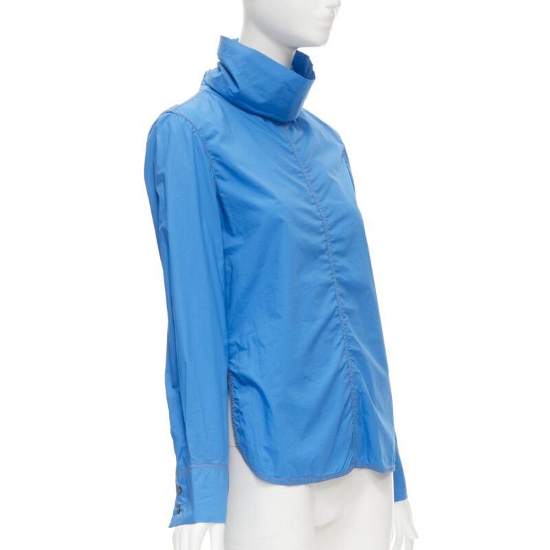 Marni MARNI blue cotton overstitch funnel neck long sleeve curved hem shirt IT38 XS Size XS / US 0-2 / IT 36-38 - 3 Thumbnail