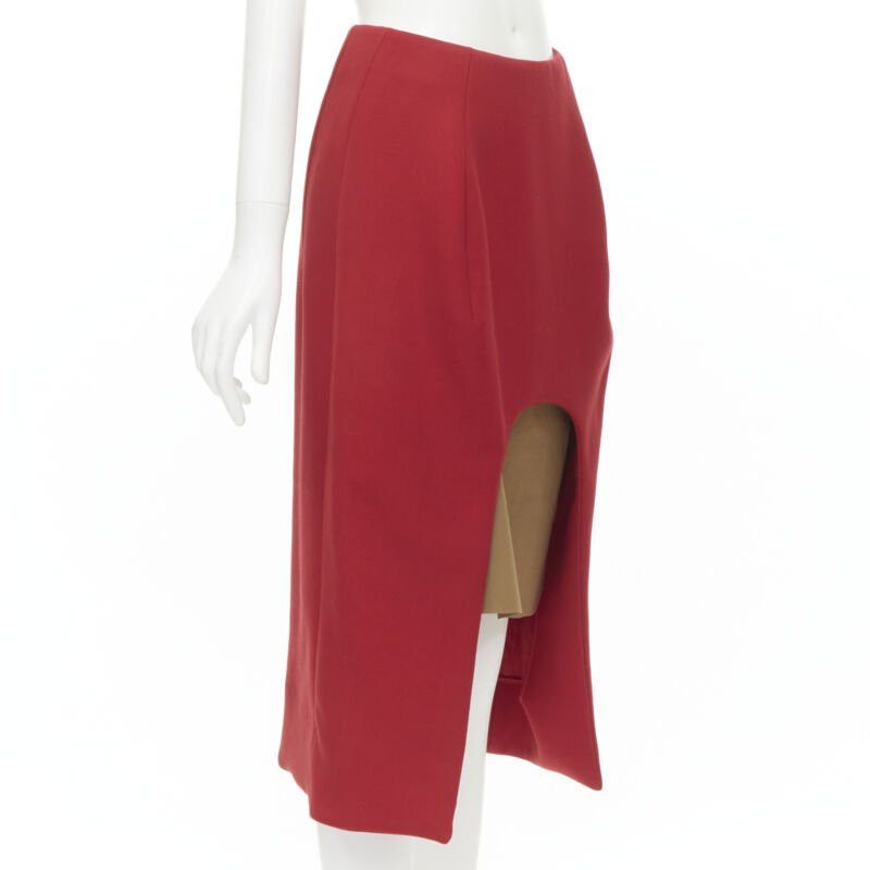 Marni MARNI red wool brown silk lining curved hem midi skirt IT40 S Size 27" / US 4 / IT 40 - 3 Thumbnail
