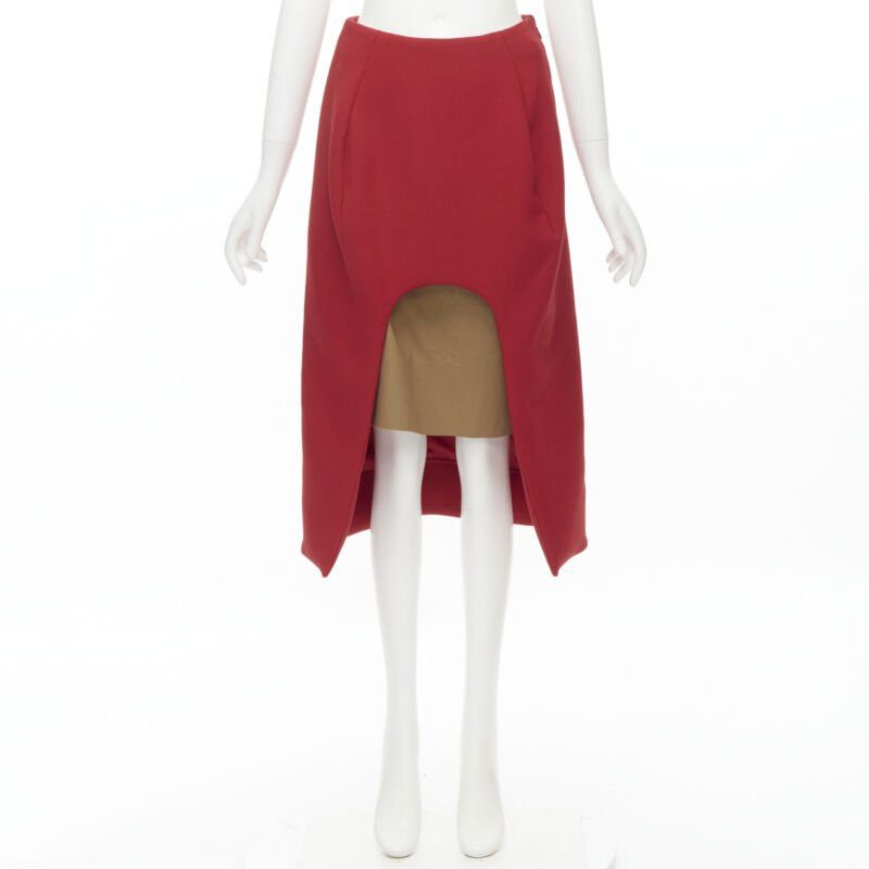 Marni MARNI red wool brown silk lining curved hem midi skirt IT40 S Size 27" / US 4 / IT 40 - 12 Thumbnail
