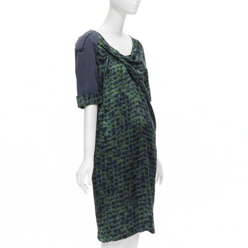 Dries Van Noten DRIES VAN NOTEN green navy draped silk contrast short sleeve dress FR36 S Size XS / US 0-2 / IT 36-38 - 4 Thumbnail