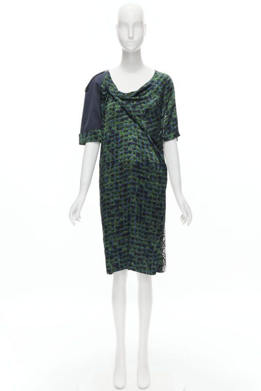 Dries Van Noten DRIES VAN NOTEN green navy draped silk contrast short sleeve dress FR36 S Size XS / US 0-2 / IT 36-38 - 12 Thumbnail