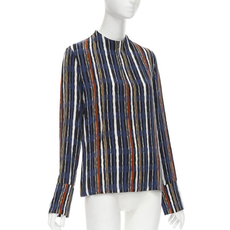 Marni MARNI navy blue stripe print silk wide cuff collarless blouse top IT40 S Size S / US 4 / IT 40 - 3 Thumbnail