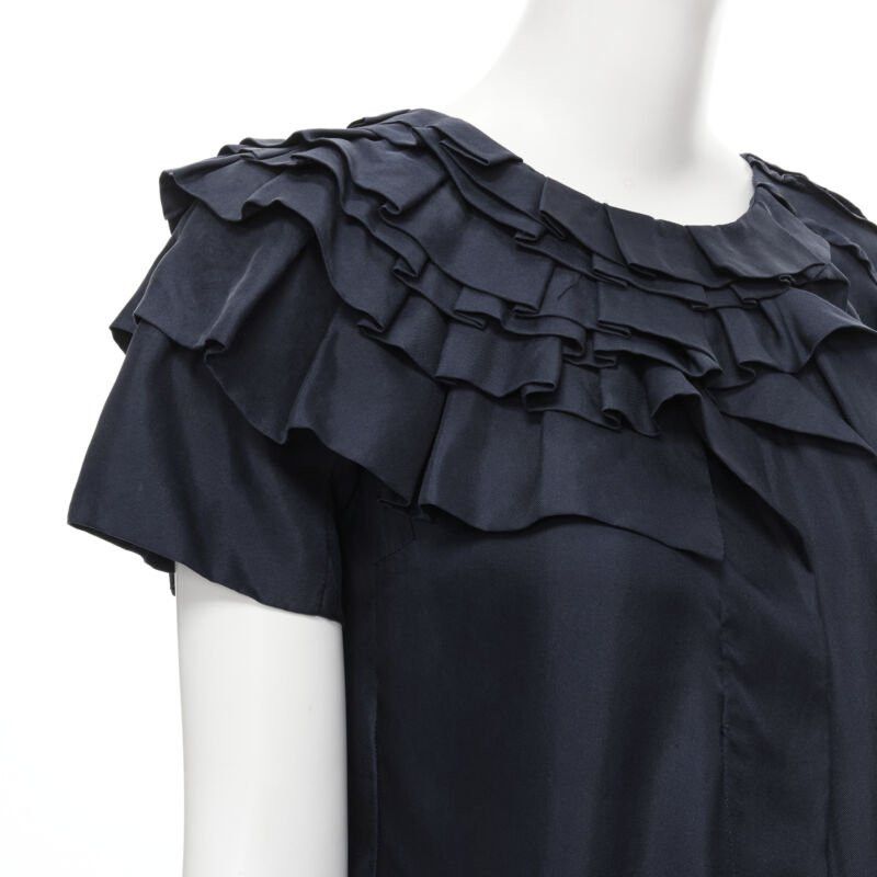 Marni MARNI navy blue 100% silk ruffle neckline short sleeve silk dress IT38 XS Size XS / US 0-2 / IT 36-38 - 2 Thumbnail
