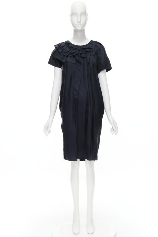 Marni MARNI navy blue 100% silk ruffle neckline short sleeve silk dress IT38 XS Size XS / US 0-2 / IT 36-38 - 12 Thumbnail