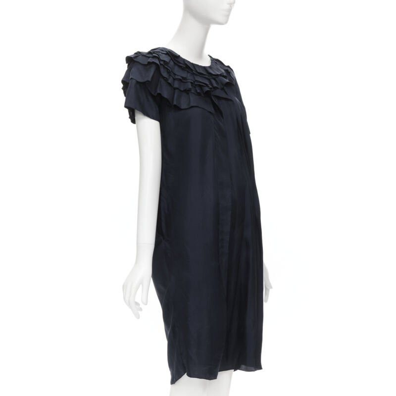 Marni MARNI navy blue 100% silk ruffle neckline short sleeve silk dress IT38 XS Size XS / US 0-2 / IT 36-38 - 3 Thumbnail