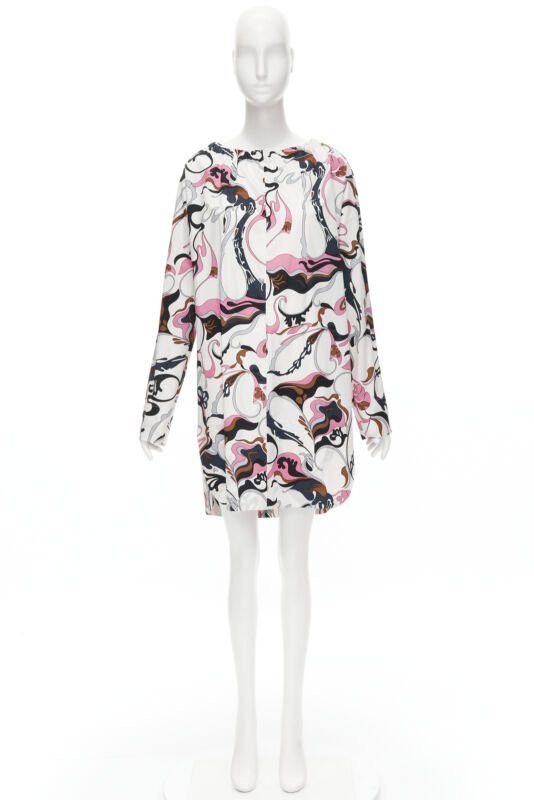 Marni MARNI white navy pink swirl floral cotton boat neck long sleeve dress IT40 S Size S / US 4 / IT 40 - 12 Thumbnail