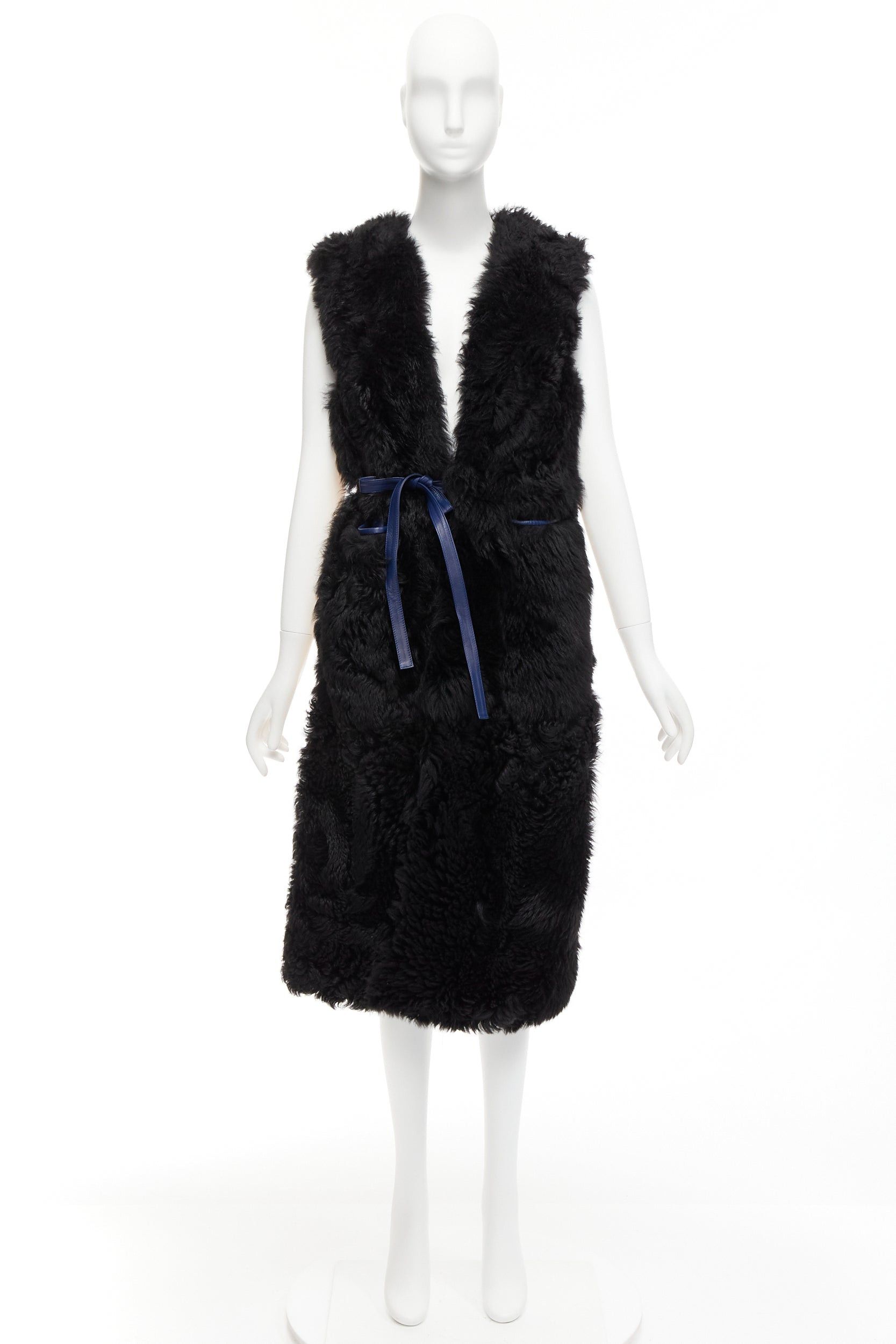 Marni MARNI black lamb shearling fur blue leather belted belt IT38 XS Size XS / US 0-2 / IT 36-38 - 9 Thumbnail