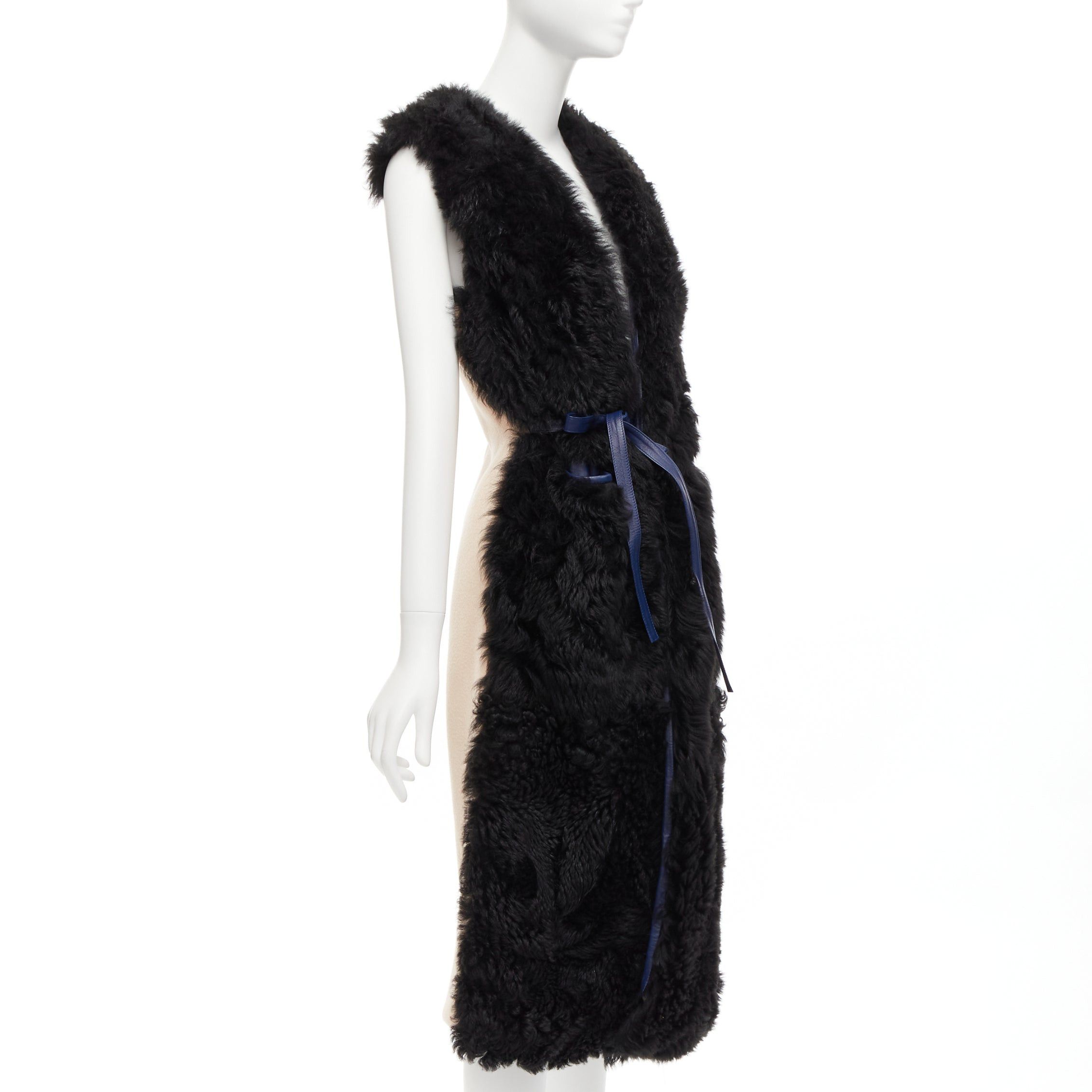 Marni MARNI black lamb shearling fur blue leather belted belt IT38 XS Size XS / US 0-2 / IT 36-38 - 3 Thumbnail
