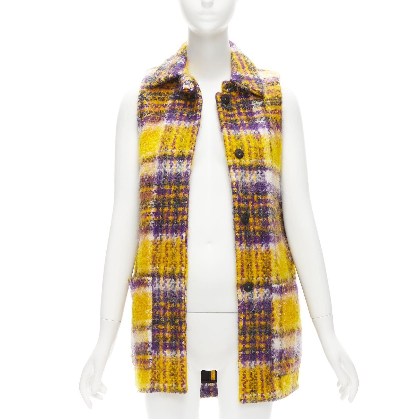 Marni MARNI yellow purple plaid check mohair blend boxy sleeveless coat IT36 XS Size XS / US 0-2 / IT 36-38 - 3 Thumbnail