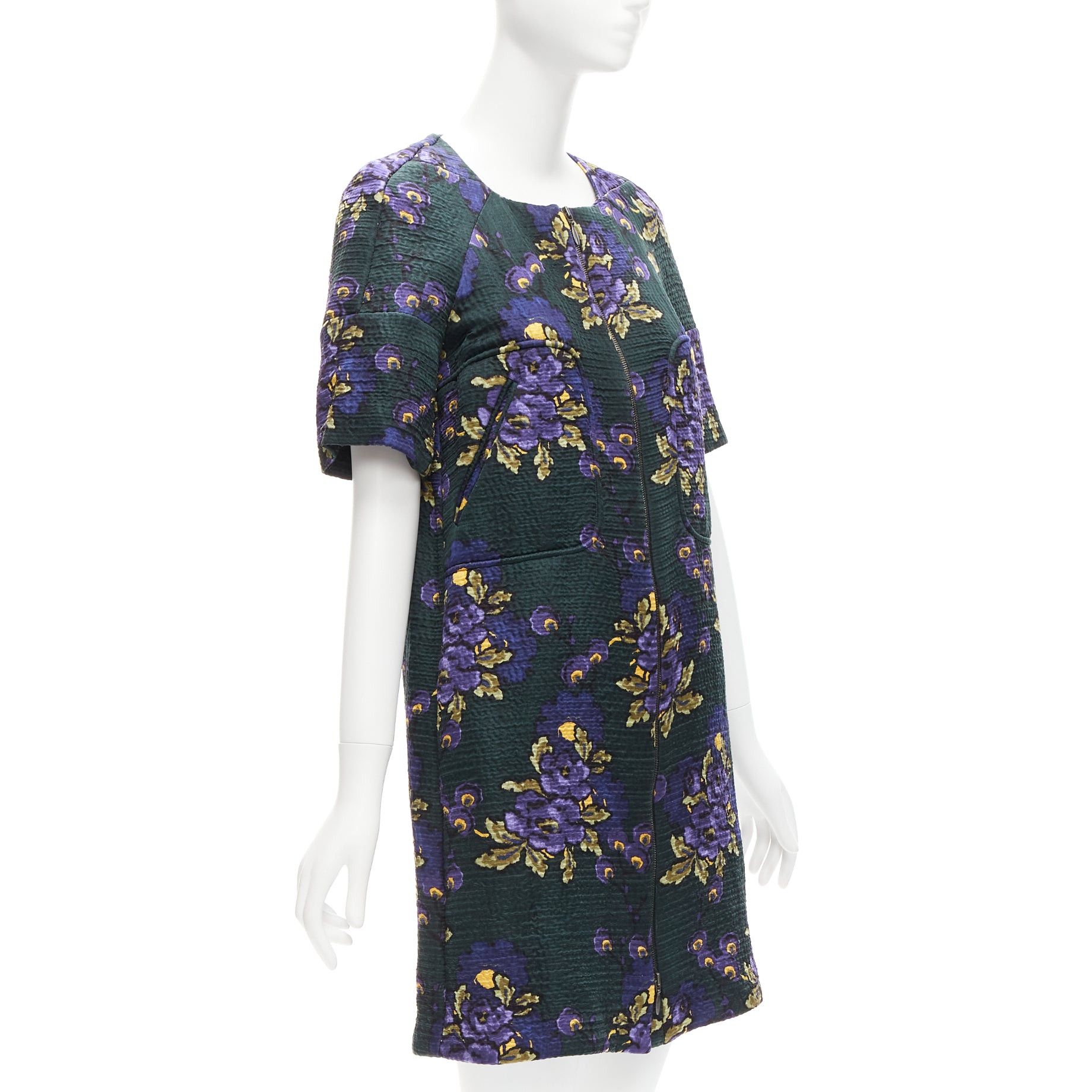 Marni MARNI green purple wool silk cloque floral print zip coat dress IT38 XS Size XS / US 0-2 / IT 36-38 - 3 Thumbnail