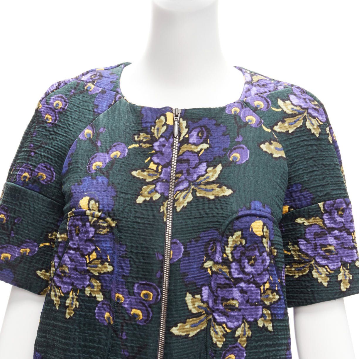 Marni MARNI green purple wool silk cloque floral print zip coat dress IT38 XS Size XS / US 0-2 / IT 36-38 - 2 Thumbnail