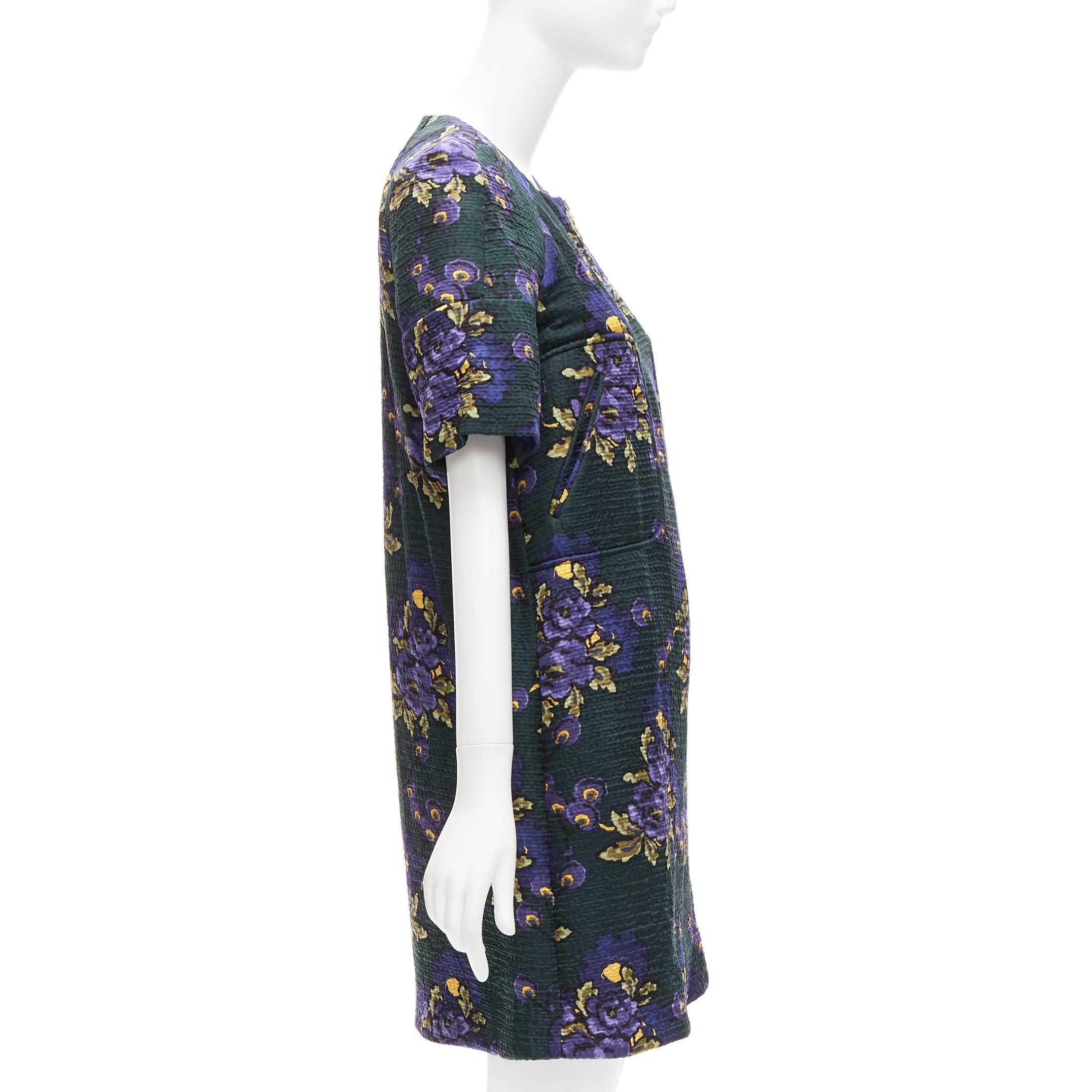 Marni MARNI green purple wool silk cloque floral print zip coat dress IT38 XS Size XS / US 0-2 / IT 36-38 - 4 Thumbnail
