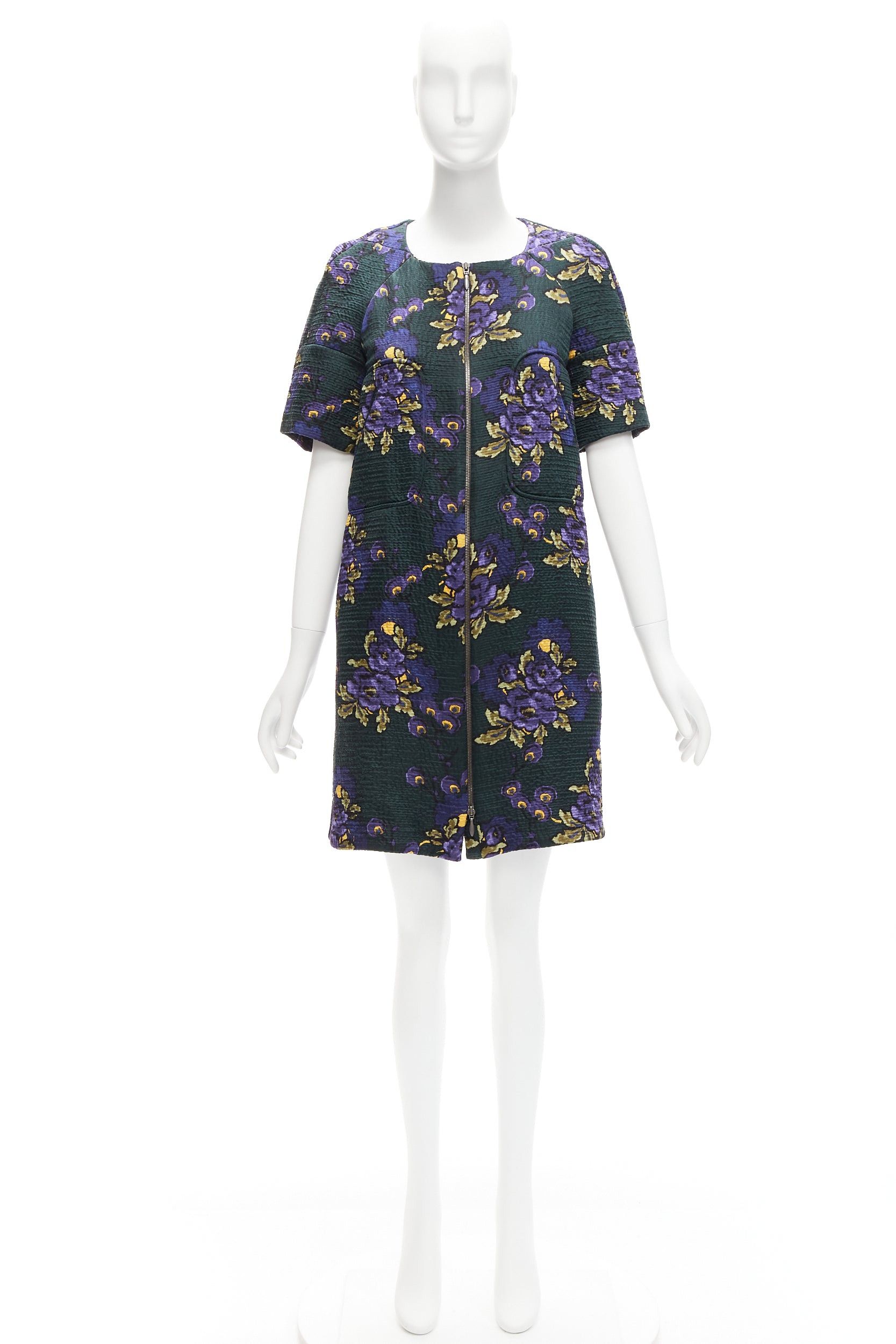 Marni MARNI green purple wool silk cloque floral print zip coat dress IT38 XS Size XS / US 0-2 / IT 36-38 - 9 Thumbnail